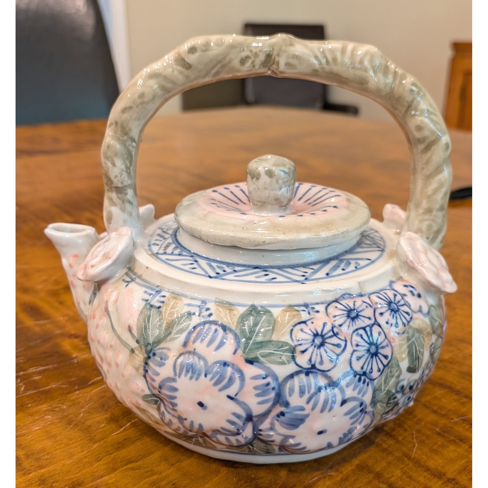 By Vintage Chinese Porcelain Miniature Teapot 3D Flowers